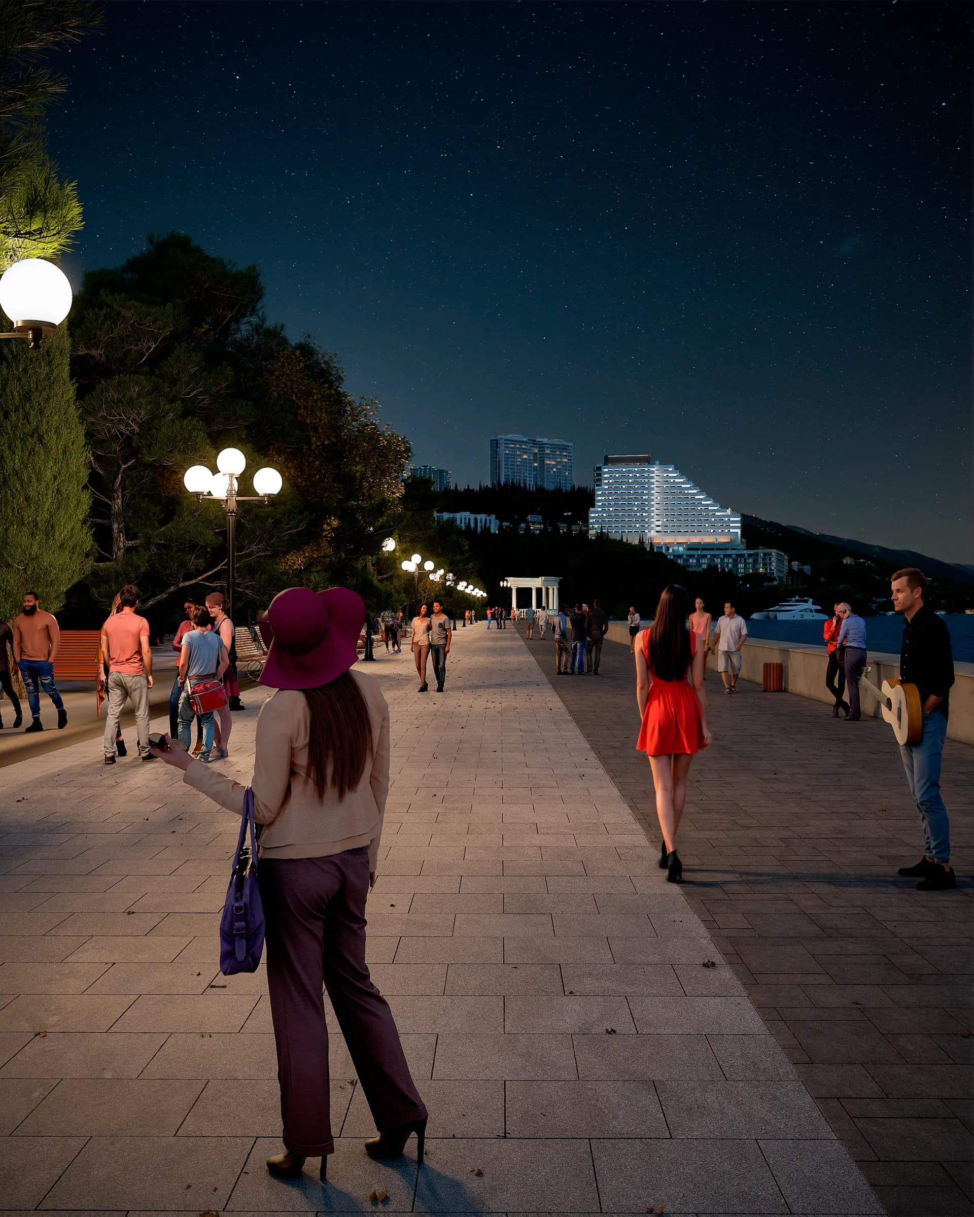 Набережная Алушты с видом на ЖК Лайнер вечером